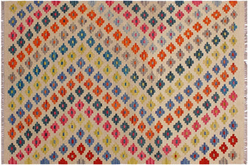 Flat Weave Kilim, Antique, Navaho, Vintage, Handmade, Modern Kilim Ivory Pink Hand-Woven Rectangle 100% Wool Area Rug 3 x 5